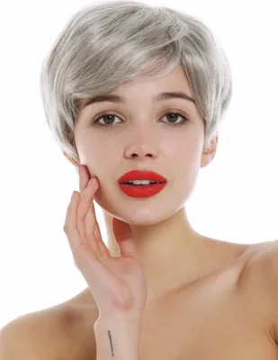 Produktbild von WIG ME UP Perücke Echthaar Damen Herren kurz Pixie wellig Scheitel grau DP-HH-51
