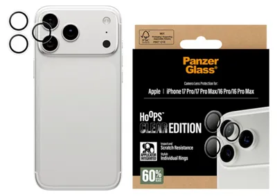 Produktbild von PanzerGlass ® Hoops® Kameraschutz Transparent iPhone 17 Pro | iPhone 17 Pro Max | iPhone 16 Pro | 16 Pro Max, Apple, Apple - iPhone 17 Pro, Apple - iPhone 17 Pro Max, Apple - iPhone 16 Pro, Apple - iPhone 16 Pro Max, Trockene Anwendung, Kratzresistent, Schockresistent, Transparent, 1 Stück(e)