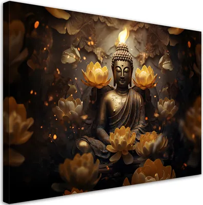 Produktbild von Leinwandbild Goldener Buddha und Lotusblumen 120x80 Feeby Gold bild für die wand bereit zum aufhängen