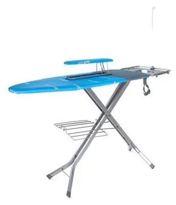A professional studio shot of a blue and gray ironing board against a white background.