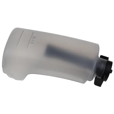 A translucent white water tank with a black connector on a white background.