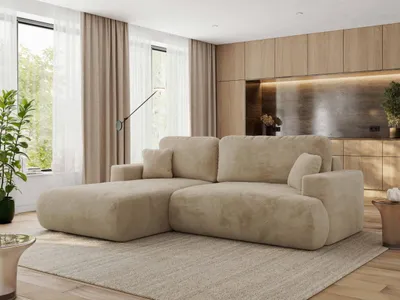 Produktbild von MKS MEBLE Ecksofa OVO mit Schlaffunktion und Bettkasten, Beige Plüsch, L-form Couch, 4-Sitzer Ecksofa, 271x195x95 cm - Links Seite