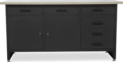 A black metal workbench with a beige MDF top and adjustable feet, shown from the front.