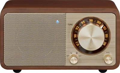 A vintage-style radio on a plain background.