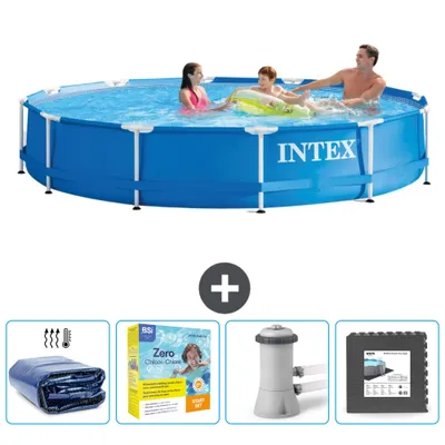 Produktbild von Intex-Schwimmbecken mit rundem Rahmen – 366 x 76 cm – Blau – im Lieferumfang enthalten Sonnensegel - Wartungspaket - Filterpumpe für Schwimmbad - Bodenfliesen