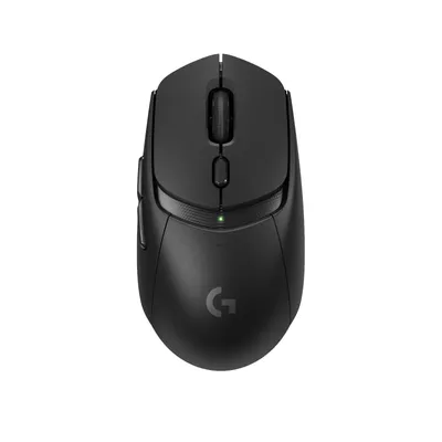 A top-down view of a black Logitech gaming mouse on a white background.