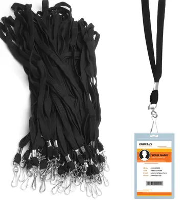 Produktbild von Set mit 50 Lanyards inklusive Auswelter, flaches Polyester-Lanyard mit Metallhaken und 2 Ausweltern, flach, schwarz, einfarbig, für Büro, Schule, Messe