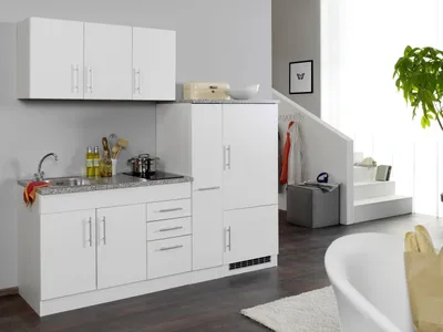 Produktbild von Held Möbel Singleküche Toronto 210 cm weiß matt mit Apothekerschrank Kühlschrank Glaskeramik Kochmulde und Einbauspüle in Edelstahl