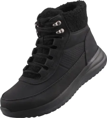 Auf dem Bild ist ein schwarzer Freizeitschuh seitlich zu sehen. Der Schuh hat eine gepolsterte Sohle und ein modernes Design.