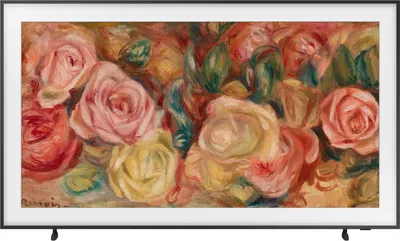 A Samsung Frame TV displaying a floral painting.