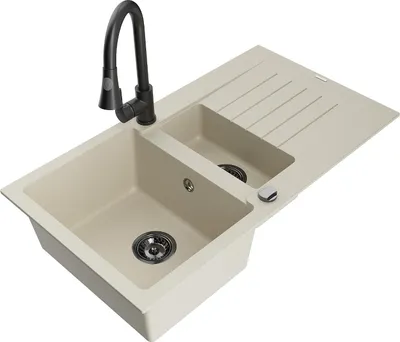 Produktbild von Mexen Matias 1,5-Becken-Granitspüle mit Abtropffläche und Mischbatterie Elia, Beige - 6502-69-670101-70