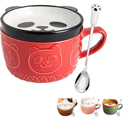 Productafbeelding van Koffiemok met deksel, keramiek, panda-motief, set van 2, geschikt voor dames, meisjes en kinderen