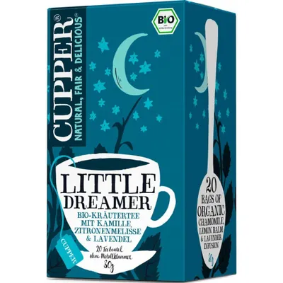 A box of Cupper Little Dreamer tea with a night-time theme.