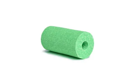 A green foam roller on a white background.