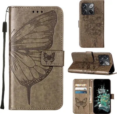 Produktbild von OnePlus 10T 5G Hülle, Schmetterling Prägung Flip Leder Kartenfächer Schutzhülle Ledertasche mit Ständer für OnePlus 10T 5G Grau