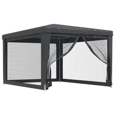 A dark grey party tent with mesh sides is shown against a white background.