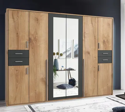 Produktbild von Schlafzimmer Kleiderschrank mit 273 cm Breite in Eiche mit graphit, 8 Türen & 4 Schubladen, inkl. Passepartoutrahmen - VENLO-43