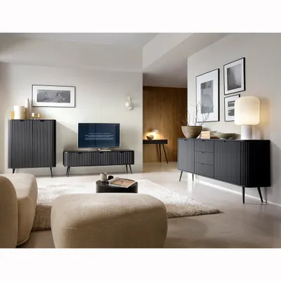 Produktbild von Wohnzimmer Set 4-teilig mit Lowboard, schwarz gerillt, Metallfüße schwarz, ZARA-160
