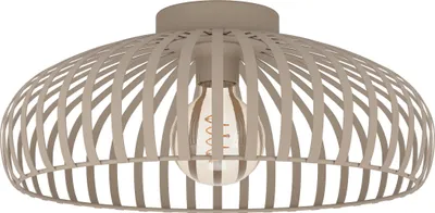 A ceiling lamp with a metal cage-like shade and a visible light bulb.