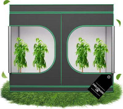 A grow tent with plants inside, set on a patch of grass.