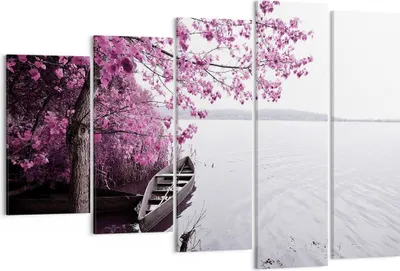 Produktbild von Bild auf Leinwand - Leinwandbild - 5 Teile - See Rosa Bäume - 150x100cm - Wand Bild - Wanddeko - Wandbilder - Leinwanddruck - Bilder - Wanddekoration - Leinwand bilder - Wandbild - EG150x100-4147