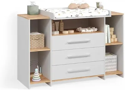 Produktbild von Wickelkommode Torino, Weiß/Goldkraft Eiche, mit 3 Schubladen