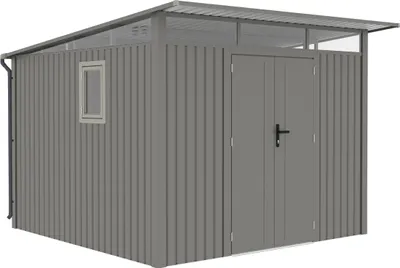 Produktbild von Rockford Gerätehaus Metall Geräteschuppen 296 x 318 cm Gartenhaus mit Pultdach inkl. Regenrohre Porto 400 Grau