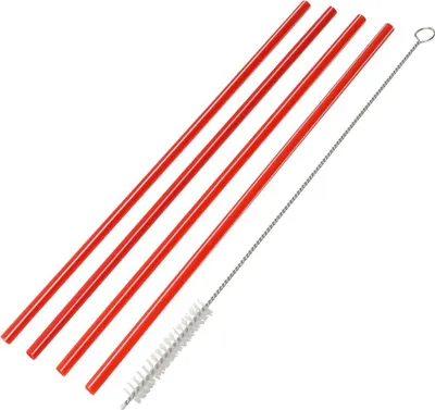 Produktbild von Fackelmann Kunststoff-Trinkhalme Ø 6 mm mit Reinigungsbürsten Rio Party, Wiederverwendbare Strohhalme für jeden Anlass, umweltfreundliche Trinkröhrchen (Farbe: Rot / Weiß), Menge: 4 Halme + 1 Bürste
