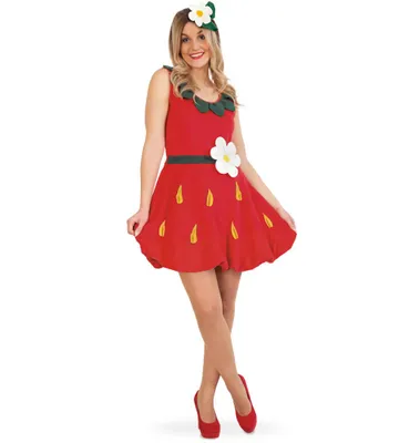A woman is posing in a strawberry costume.