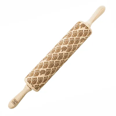 Produktbild von MoodForWood Nudelholz aus Holz, graviert, 43 cm, mit Griffen, perfekt zum Backen - Eulenmuster