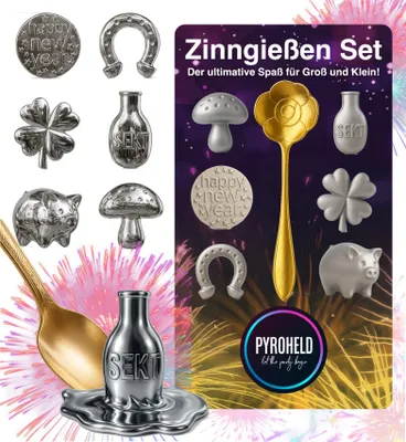 A collection of metal casting molds and a golden spoon, set against a backdrop of colorful fireworks.