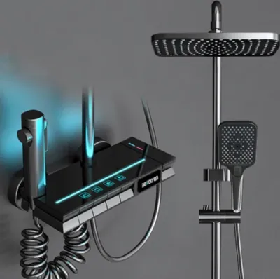 Produktbild von Duscharmatur Duschsystem Regendusche mit Thermostat, Duschsystem schwarz mit LED-Beleuchtung & integriertem Display, Duschsystem mit Armatur