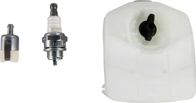 A set of small engine maintenance parts including a spark plug, fuel filter, and fuel tank.