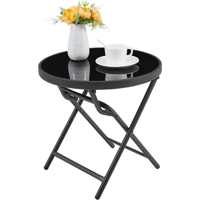 Produktbild von Yaheetech Runder Gartentisch Beistelltisch, klappbar, ø46 cm, aus Glas & Metall, wetterfest, pflegeleicht, Schwarz