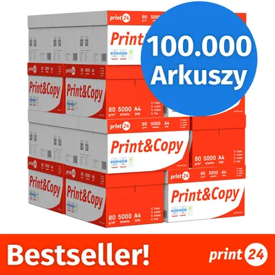Zdjęcie produktu dla NOWOŚĆ: print24 Papier do drukarek i kopiarek, 100000 arkuszy, 20 x 5000, A4, Premium, ekstra biały, CIE 160, Zwycięzca testów, Certyfikat PEFC