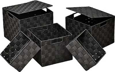 Produktbild von Aufbewahrungsbox 5-teilig aus Polyester, Aufbewahrungskorb mit Deckel & Tragegriff, Praktische Organizer Boxen Platzsparend & Stapelbar für vielseitige Aufbewahrung schwarz
