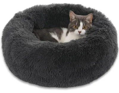 Immagine prodotto di Cuccia per cani a forma di ciambella, in peluche, lavabile, di colore grigio scuro, diametro 50 cm