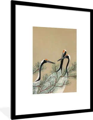 Produktbild von MuchoWow® Gerahmtes Poster Kranich - Japan - Blätter - Vintage 60x80 cm - Poster mit Schwarzem Bilderrahmen Wandposter Rahmen Foto Bilder - Wohnzimmer - Dekorationen - Prämie