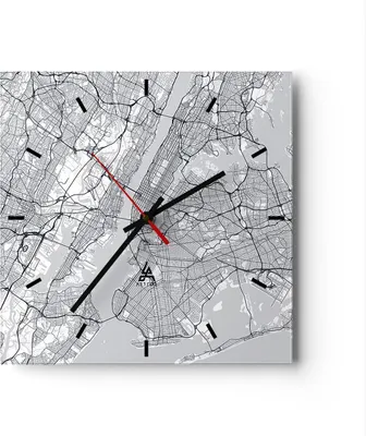 Produktbild von Wanduhr - Quadrat - Glasuhr - Neu York Karte - 30x30cm - Schleichendes Uhrwerk - Lautlos - zum Aufhängen bereit - Dekoration Modern - Wanddekoration aus Glas - C3AC30x30-5039