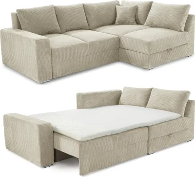 Produktbild von Ecksofa-Dauerschläfer Federkern Topper Bettkasten Schlafcouch in Cord Beige Grau / 15235