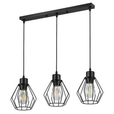 A black three-light pendant lamp with geometric wire cages and Edison-style bulbs, presented against a white background.