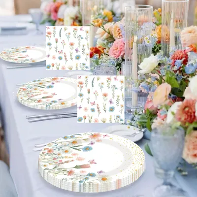 Blumen-Partygeschirr-Set, 40-teilig, Papier, Einweggeschirr