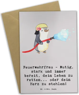 Produktbild von Mr. & Mrs. Panda Klappkarte Feuerwehrfrau Heldin - Grau Pastell - Geschenk, kreative Geschenke, Beruf, Berufsgestaltung, Grußkarten, Bewunderung, Berufe, Kraft, Mutig
