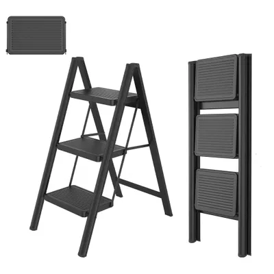 Produktbild von 3 Stufen klappbar, leichte Leiter aus Aluminiumlegierung, rutschfeste Gummimatten, verbreiterte Stufen, belastbar bis 250 kg, für Haushalt, Büro