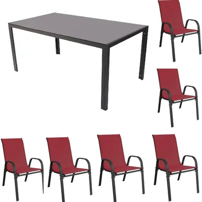 Produktbild von Gartenmöbel Set Metall Tisch 6 Stapelsessel Essgruppe Gartenset Sitzgruppe Stuhl burgundrot