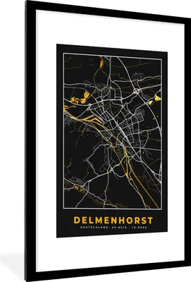 Produktbild von MuchoWow® Gerahmtes Poster Karte - Delmenhorst - Gold - Stadtplan - Deutschland 60x90 cm - Poster mit Schwarzem Bilderrahmen Wandposter Rahmen Foto Bilder - Dekoration - Wandposter Wohnzimmer - Hochwertig