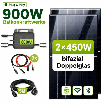 Produktbild von GreenSun Solar 900W Balkonkraftwerk Bifazial Module mit MARSTEK 800W Wechselrichter, PV Solaranlage, 5m Kabel