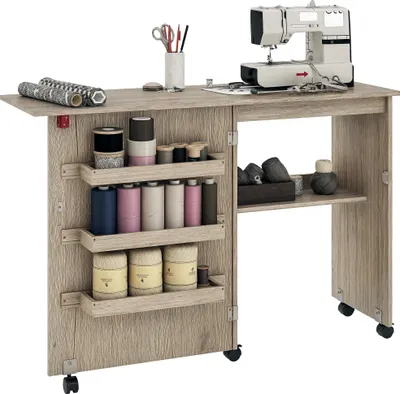 Image de HOMCOM Table de couture pliante meuble couture à abattant avec bacs de rangement, étagère ouverte et roulettes, meuble pour machine à coudre, pour salon, bureau, 117 x 40 x 77,5 cm, effet bois grisé