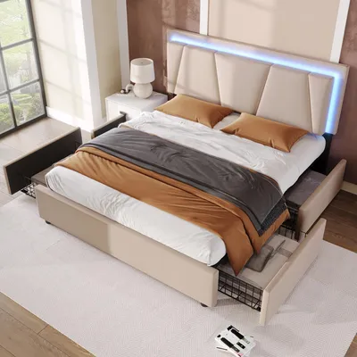 Produktbild von Polsterbett ,Doppelbett 160x200cm , mit LED und 4 Schubladen,Höhenverstellbarem Kopfteil,Stauraumbetten Bettgestell, beige (Ohne Matratze)