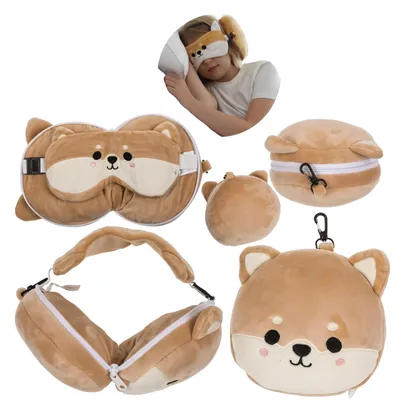 Imagen del producto de Almohada de viaje con antifaz integrado, 2 en 1, plegable, color caqui, ideal para viajes
